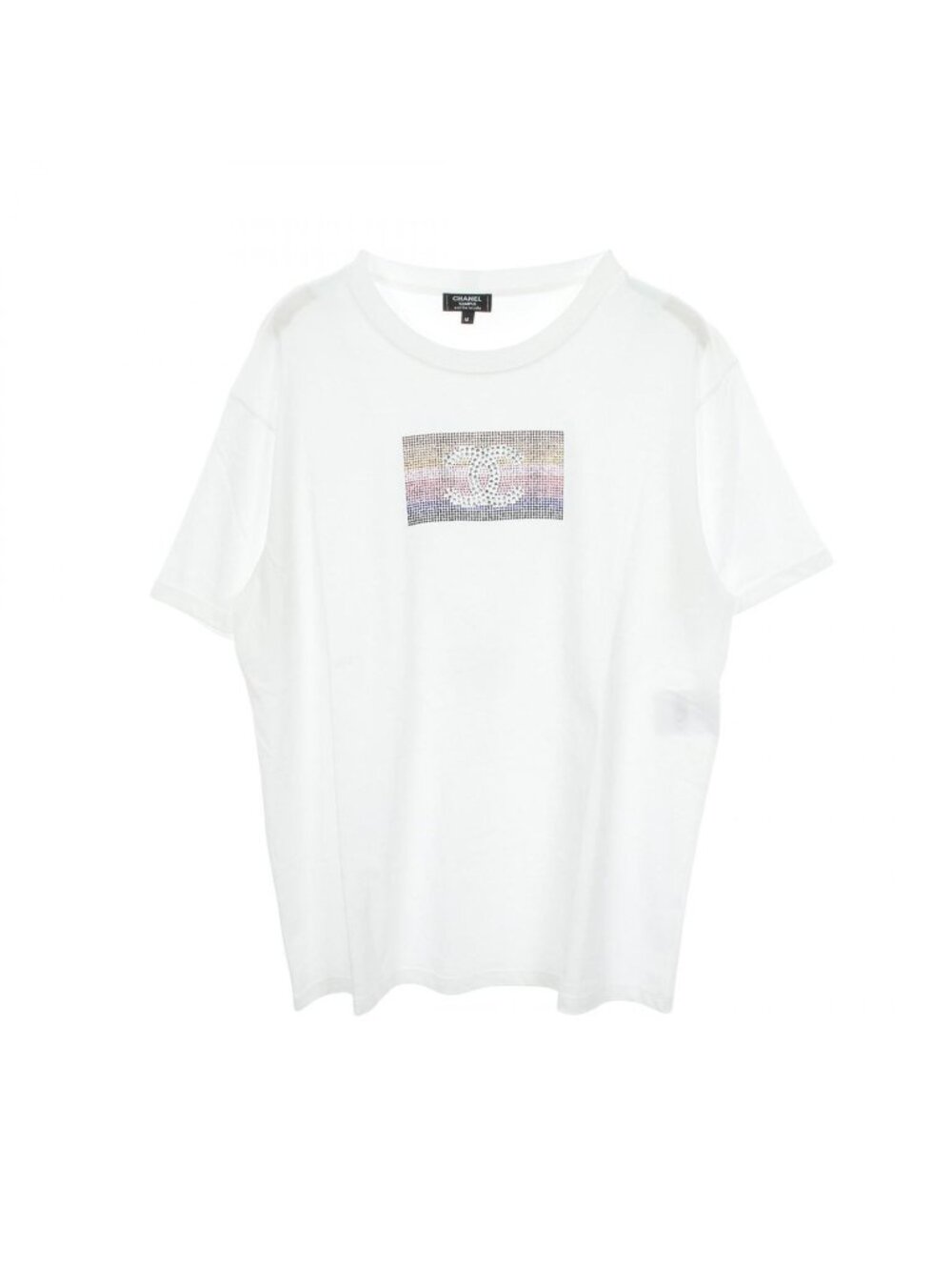 Chanel Short Sleeve T-Shirt CC Logo Rhinestone White Cotton